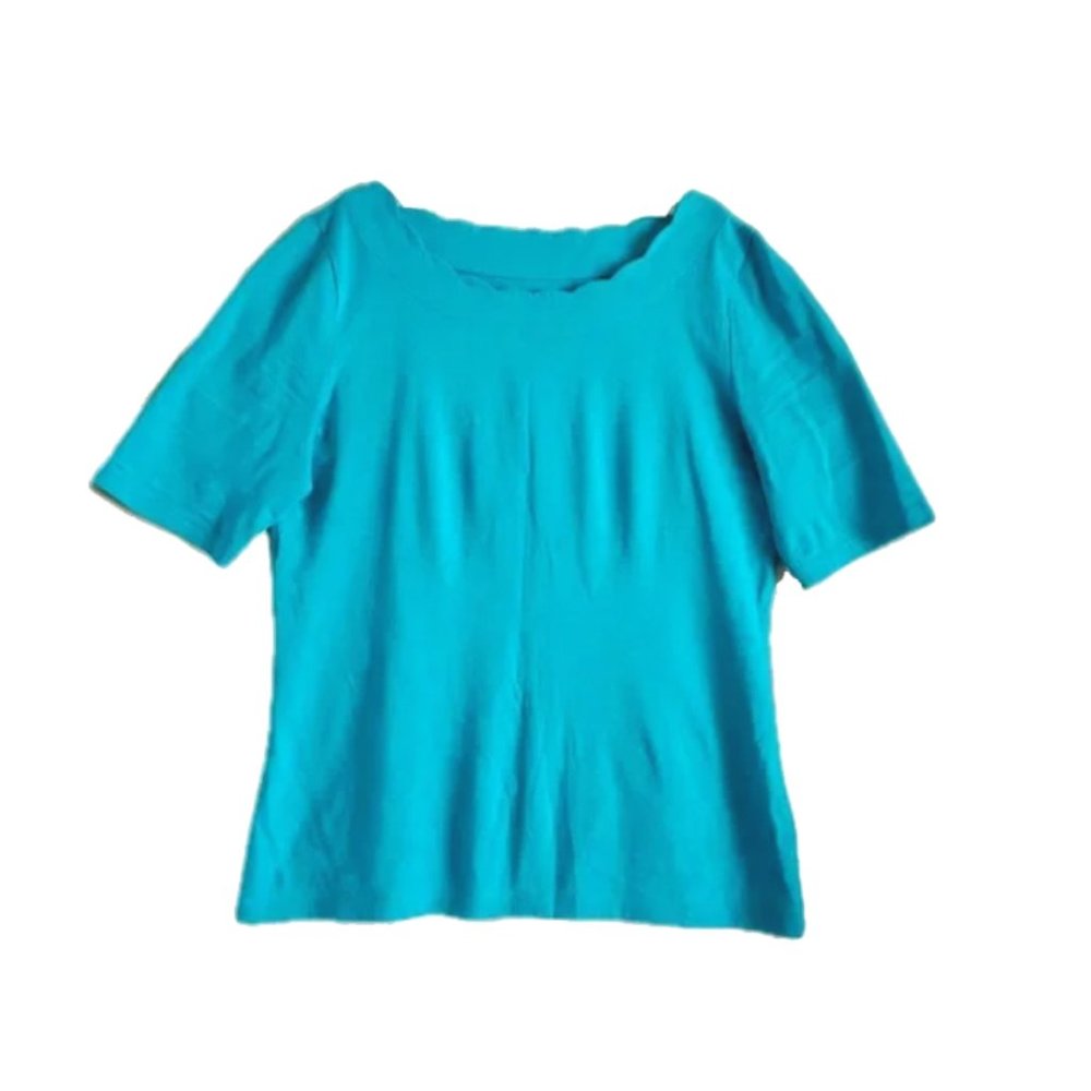 Women’s top. Turquoise light-blue color, cotton, short sleeve, nice neck design